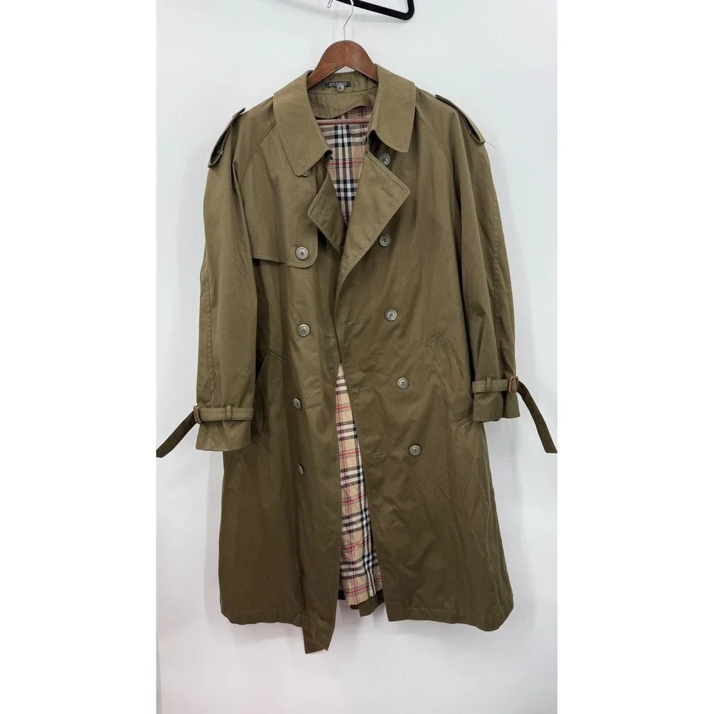 Vintage Olive Green Trench Coat Plaid Lined Sz Mens 42 L Heritage Prep Military